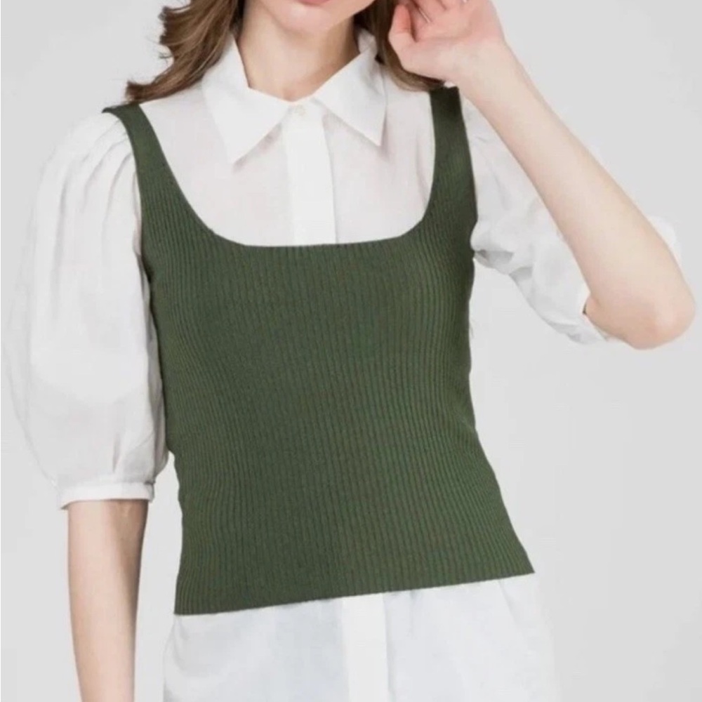 Sandro Paris Pine Green Rib Knit Tank Top Coquette low square Neck Size 0 XS